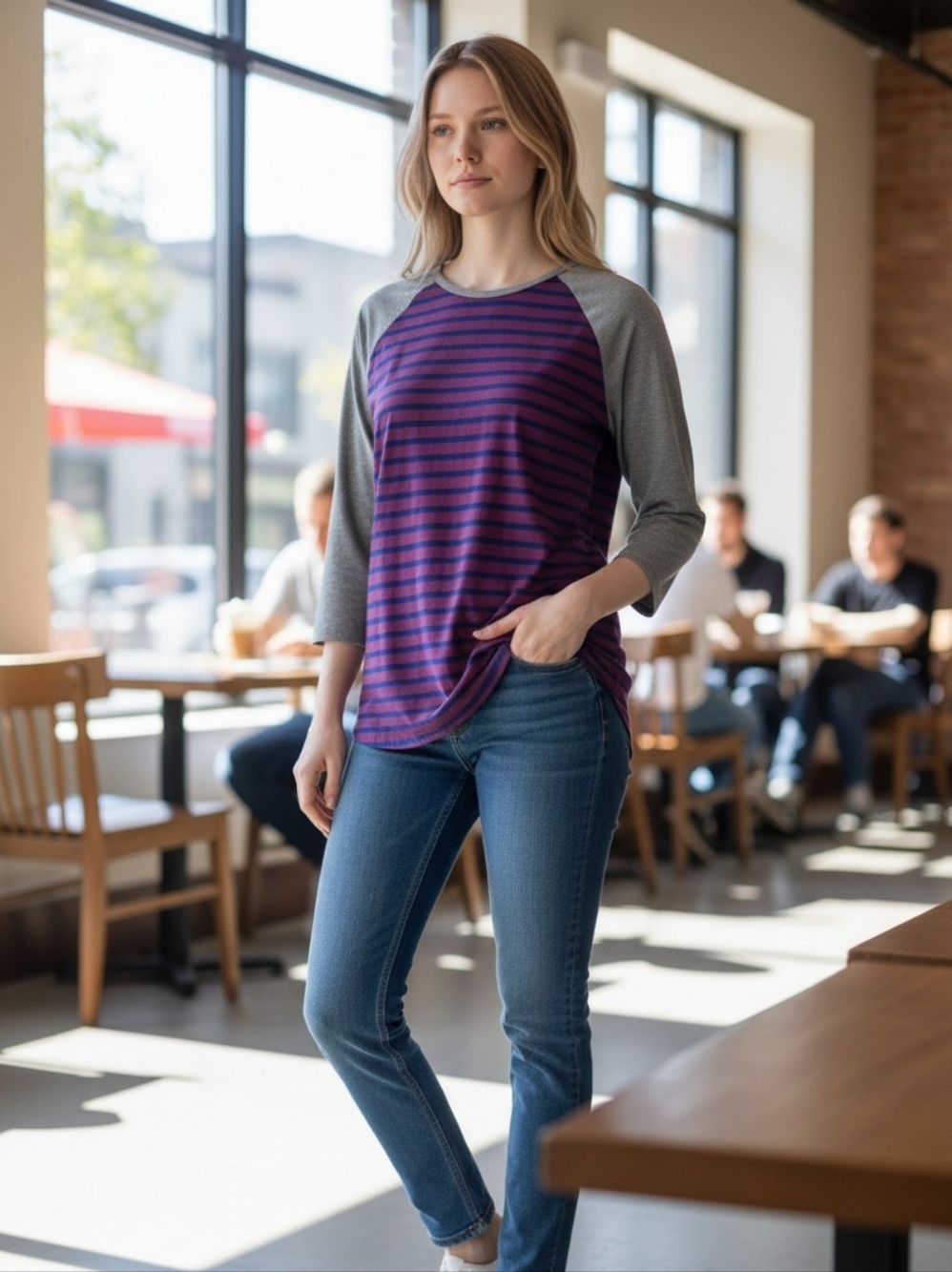 LuLaRoe Purple and Blue Striped Shirt with Gray Trim